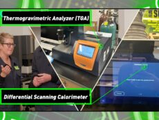 A collage of three images showcasing laboratory equipment and activities at SOSV's HAX Analytics Lab. The left section features Susan Schofer in a HAX lab coat gesturing while discussing a device. The center highlights a Thermogravimetric Analyzer (TGA) with a close-up of its orange control panel. The right section displays a Differential Scanning Calorimeter (DSC) screen